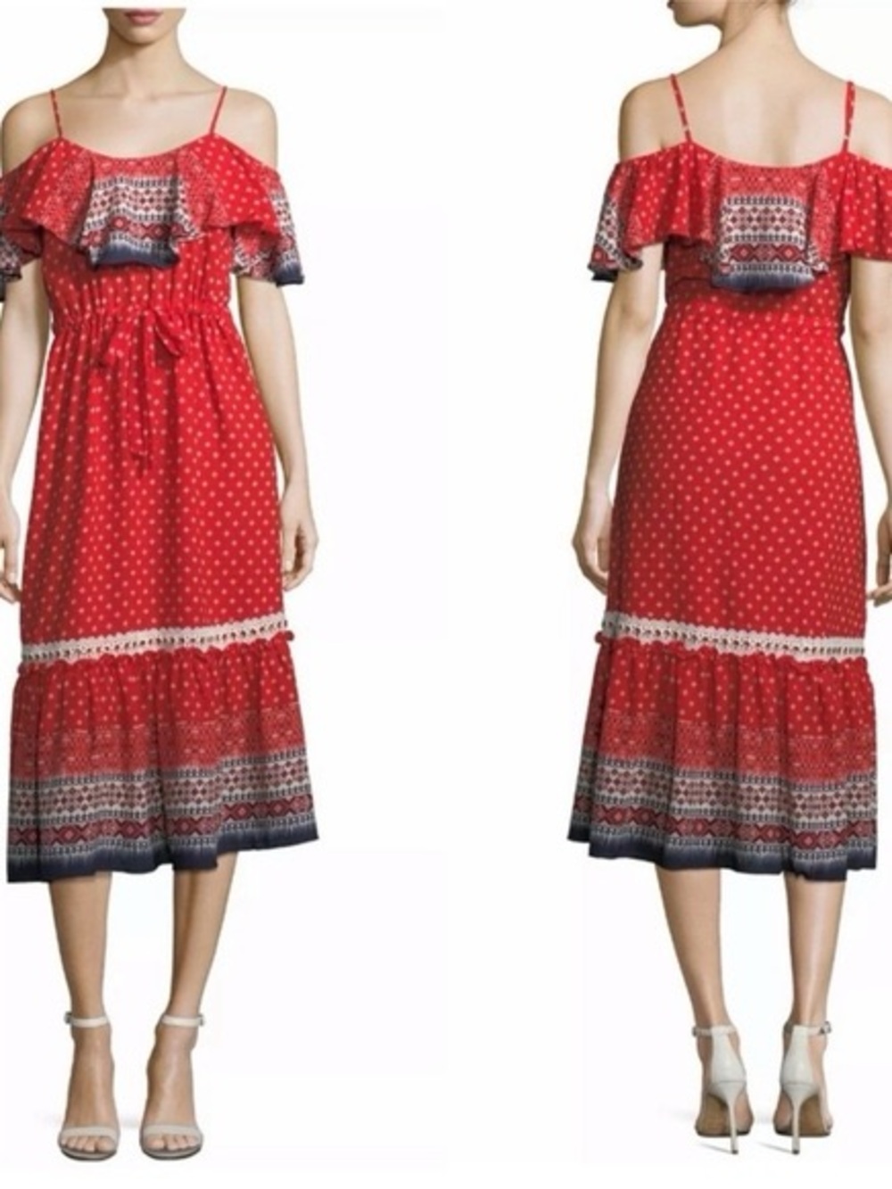 Misa Los Angeles Red Off-Shoulder Ruffle Midi Dress